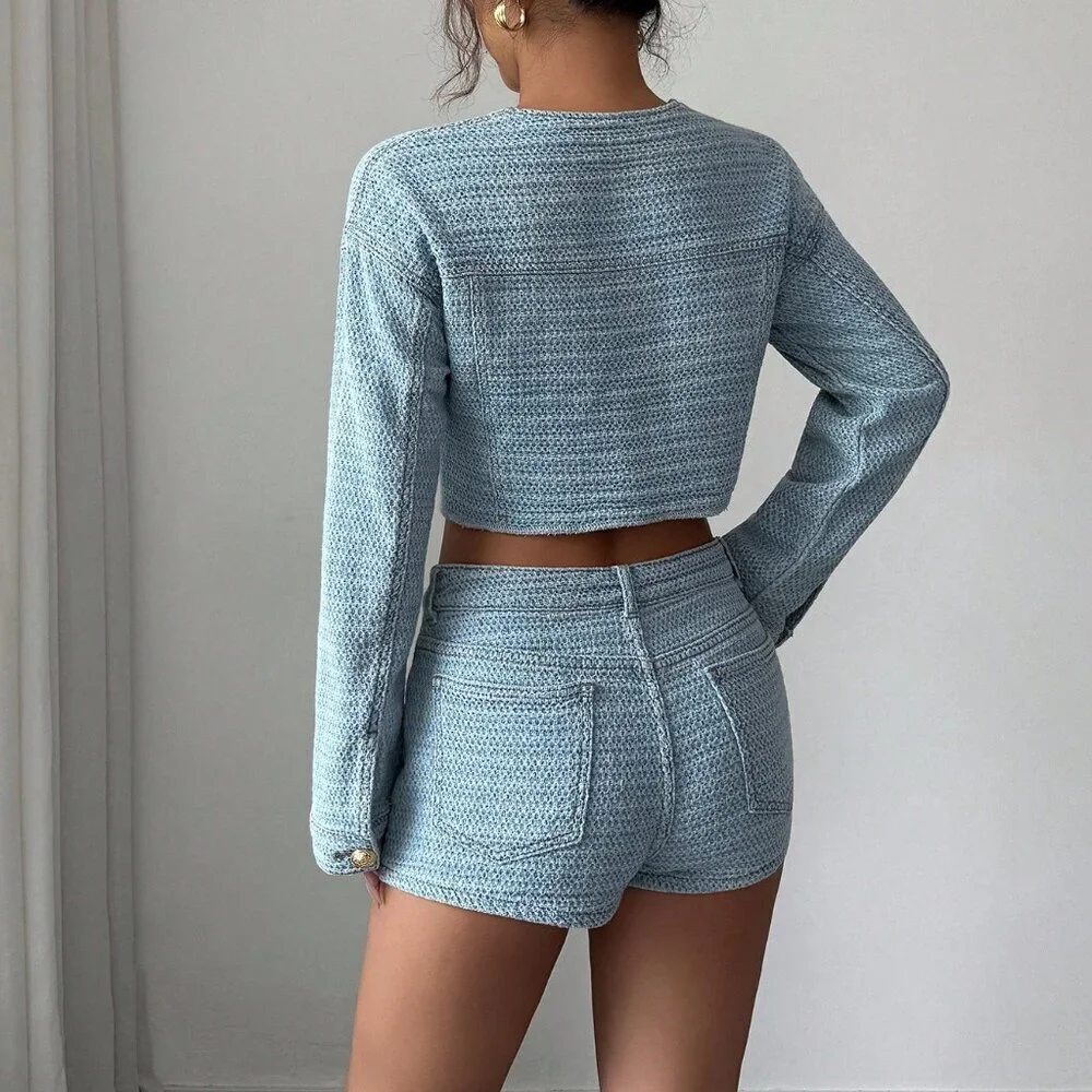 Medium Wash Elegant Women's Denim Suit with Long-Sleeved Jacket and Mini Shorts
